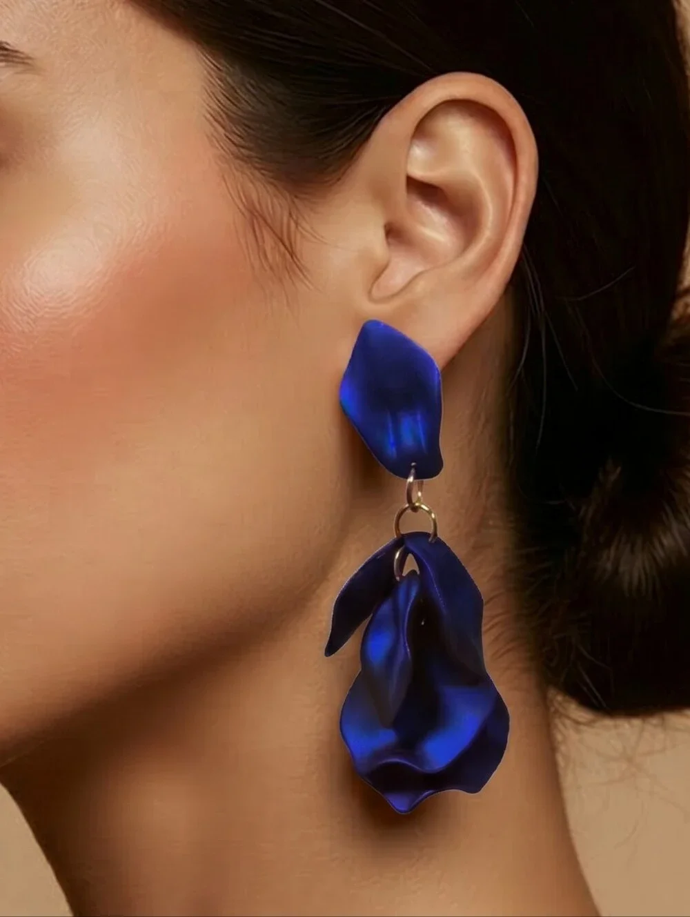 Royal Blue Flower Petal Earrings Sculptural Floral Statement Dangle Earrings New